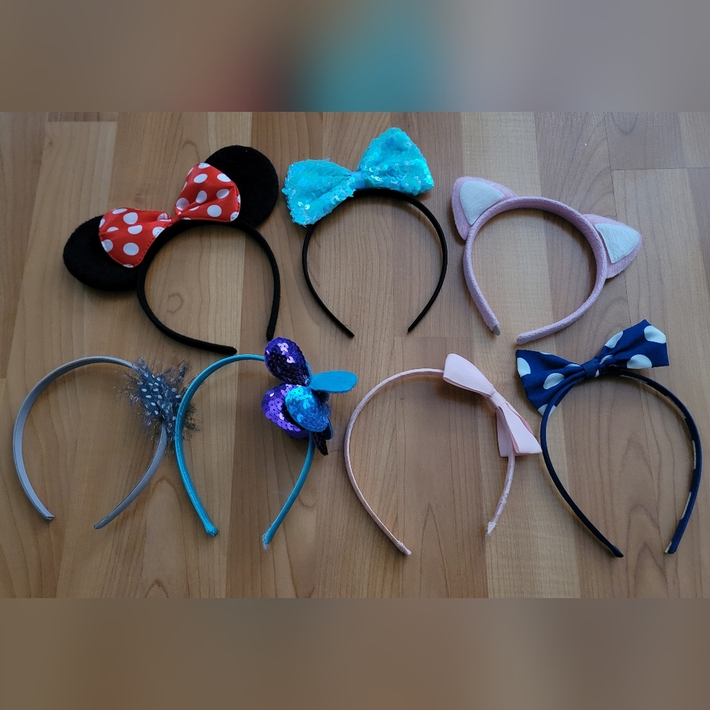 Girls Headband Lot of 7 Pink Blue Grey Flower Bow Mickey Cat Polka Dot Hair Set